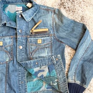 Y2K Miss Sixty Distressed, Camouflage Lined Mens Denim Bomber Jacket Sz Large